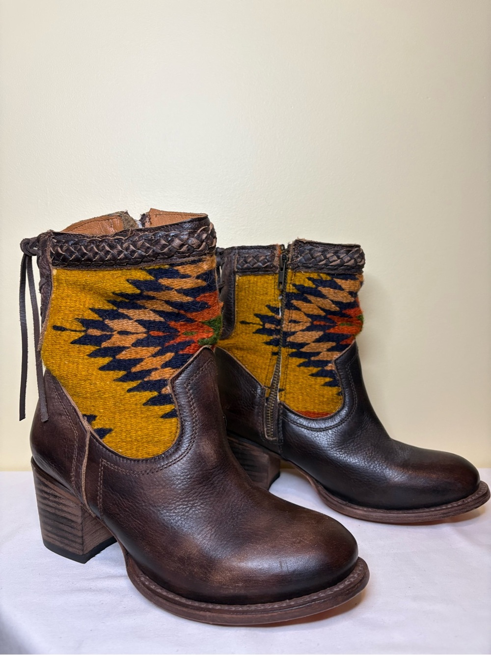 Freebird by Steven Brown Leather & Mustard Aztec Ankle Boots Size 8